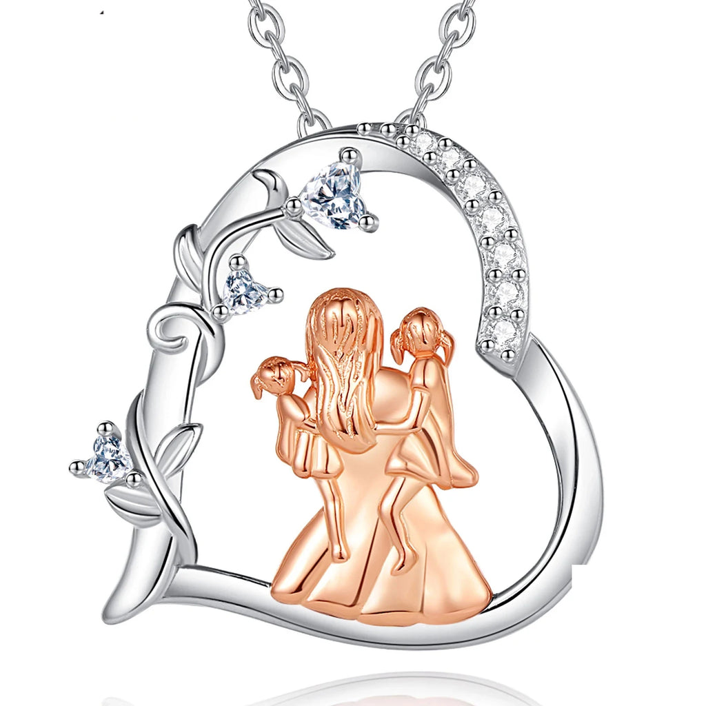 Two daughters heart necklace in 925 sterling silver with rose-gold-colored family figures and CZ stones