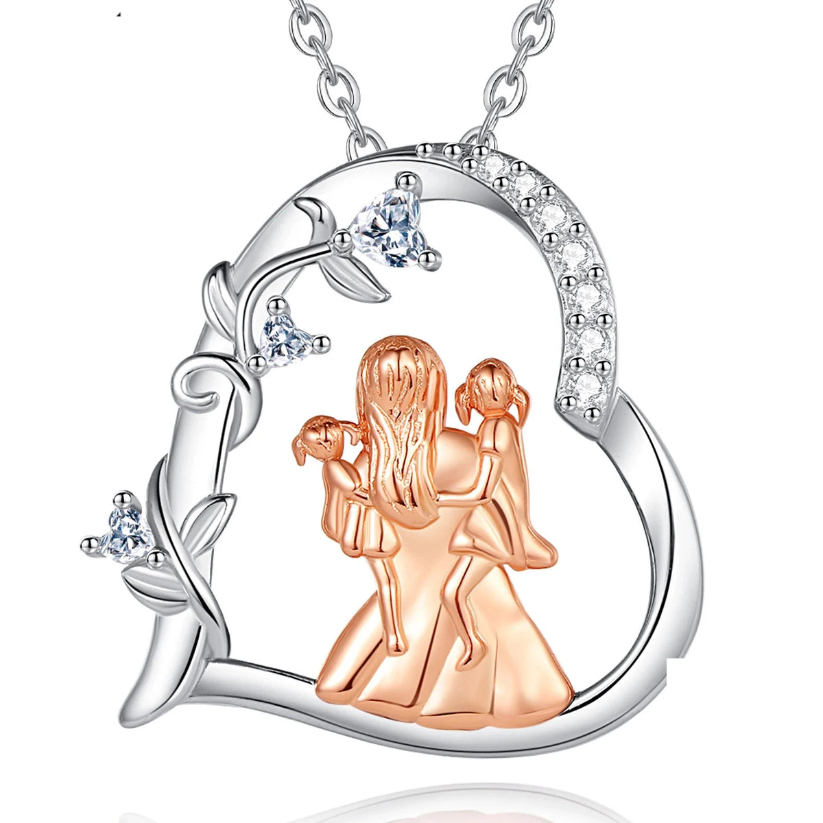 Two daughters heart necklace in 925 sterling silver with rose-gold-colored family figures and CZ stones