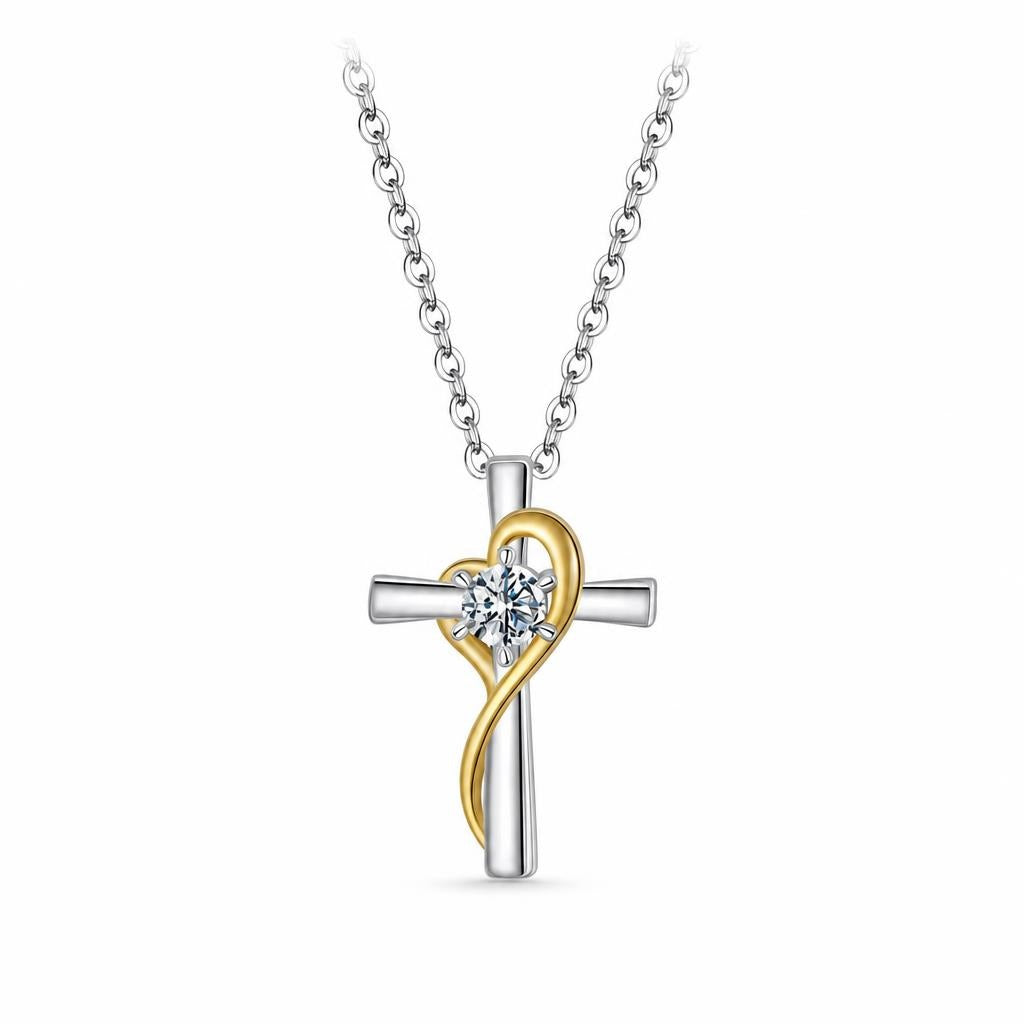 Two-tone silver cross necklace with gold heart ribbon, 925 sterling silver pendant and center moissanite on white
