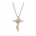 Two-tone silver cross necklace with gold heart ribbon, 925 sterling silver pendant and center moissanite on white
