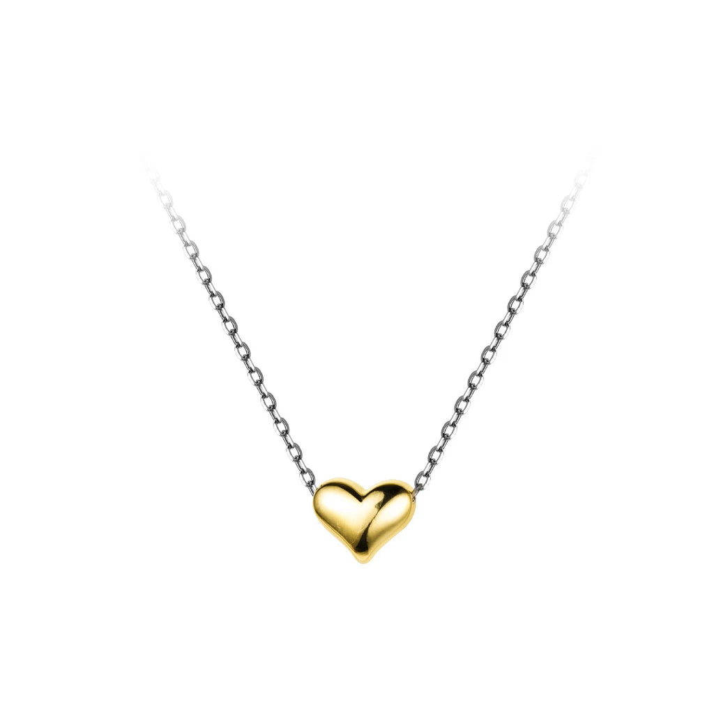 Gold-colored puffed heart centered on a silver-tone link chain against a white background