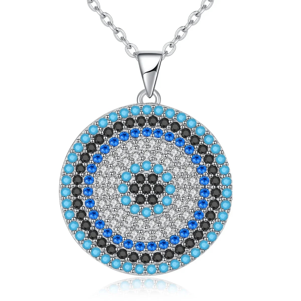 White Gold-Tone evil eye necklace on white with concentric clear CZ, blue, black, and turquoise-colored stones