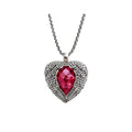 Winged heart necklace in 925 sterling silver with a faceted red CZ heart on a white background